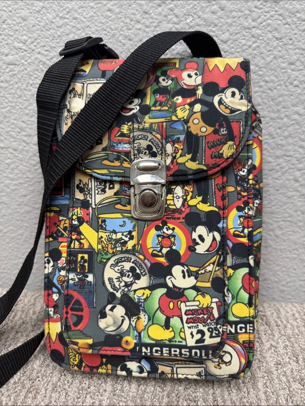 Nicole Miller Black Multicolor Mickey Print Crossbody Bag
